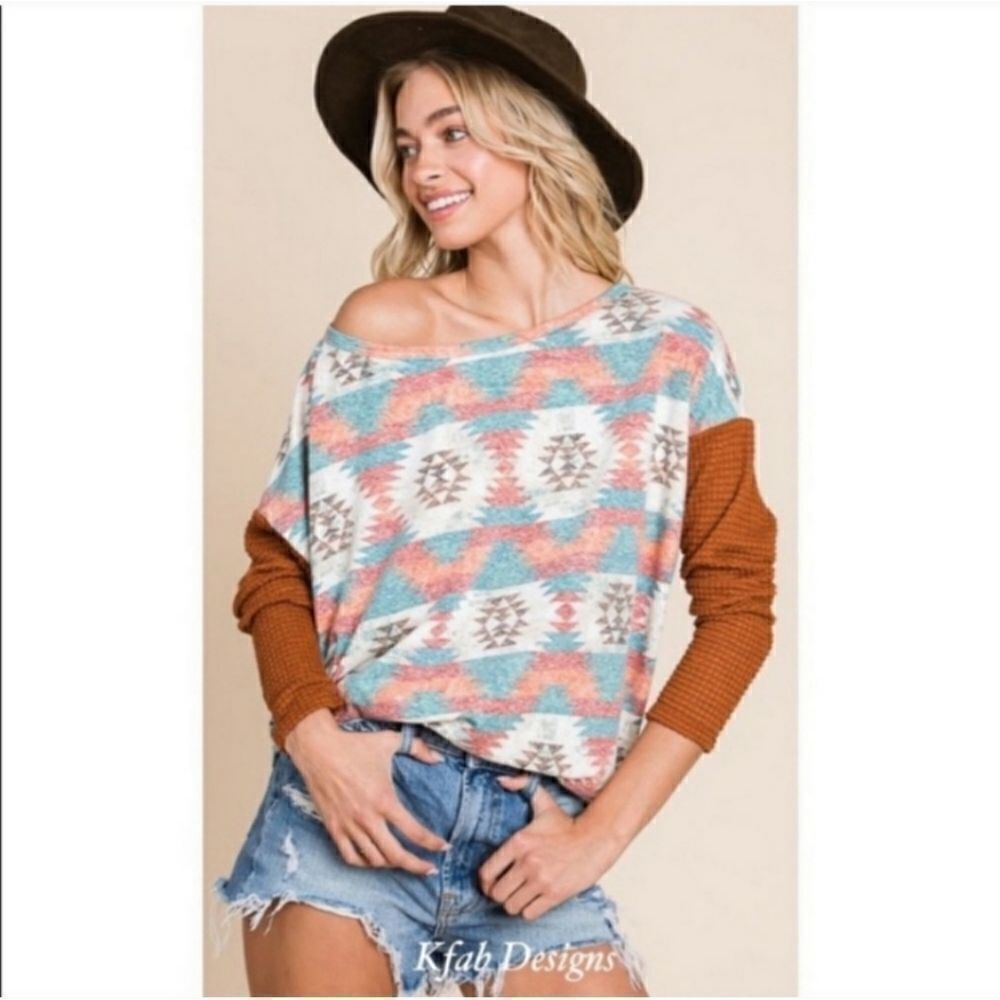 Color Block Aztec Print Relaxed Fit Thermal Top Sz L - Picture 9 of 9